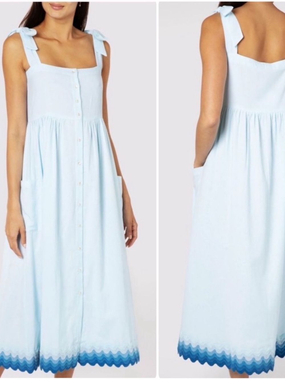 Juliet Dunn Tie Shoulder Dress Midi Tonal Cotton Ric Rac Blue Size Medium